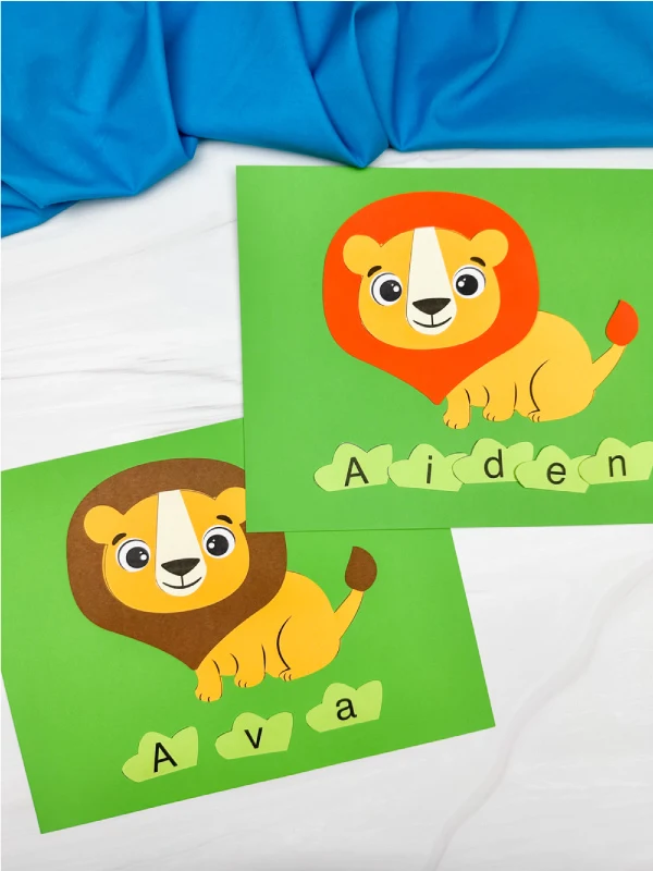 two side by side examples of finished lion name craft