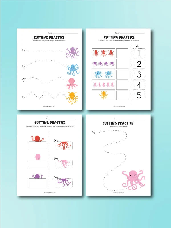 octopus cutting practice worksheet collage