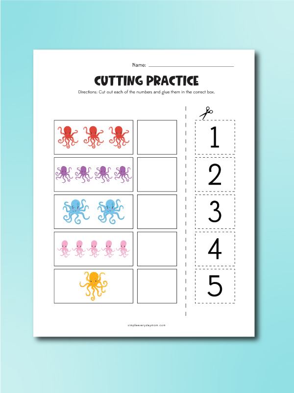 octopus cutting numbers match worksheet