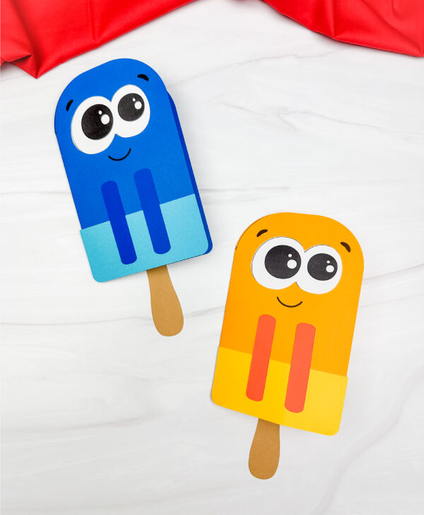 two side by side examples of finished popsicle stick card craft