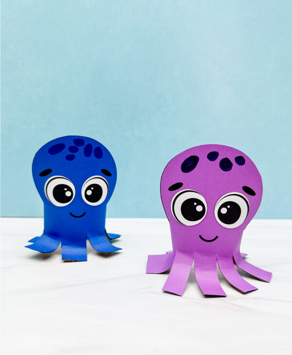two side by side examples of finished octopus toilet paper roll craft