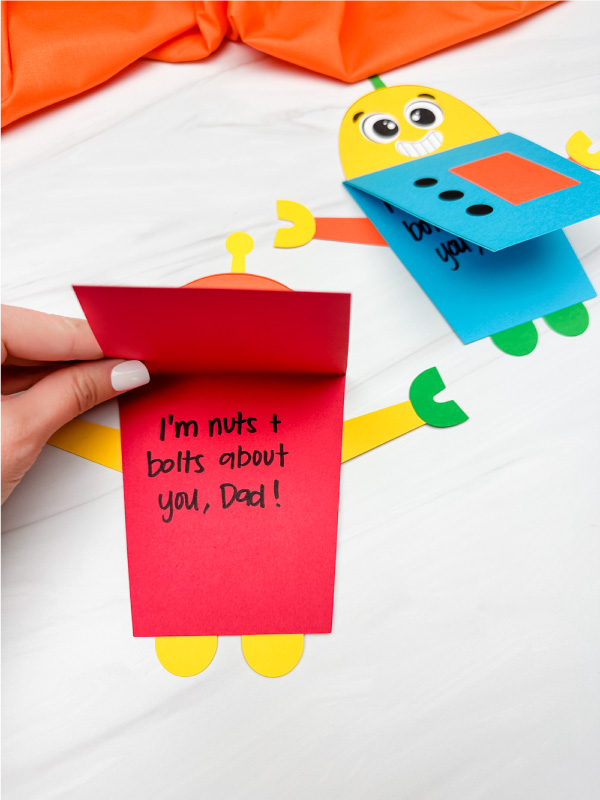 hand showing inside of fathers day robot card craft