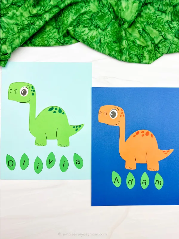 two side by side examples of dinosaur name craft