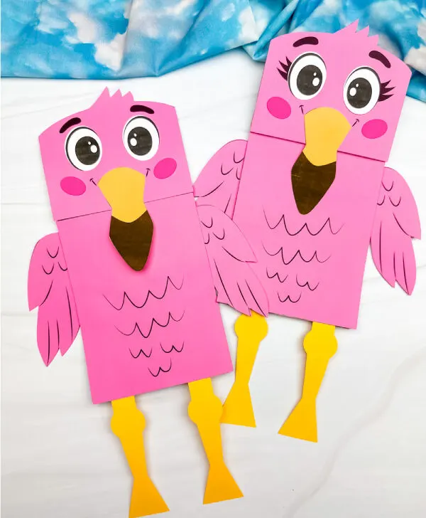 two side by side examples of flamingo paper bag puppet