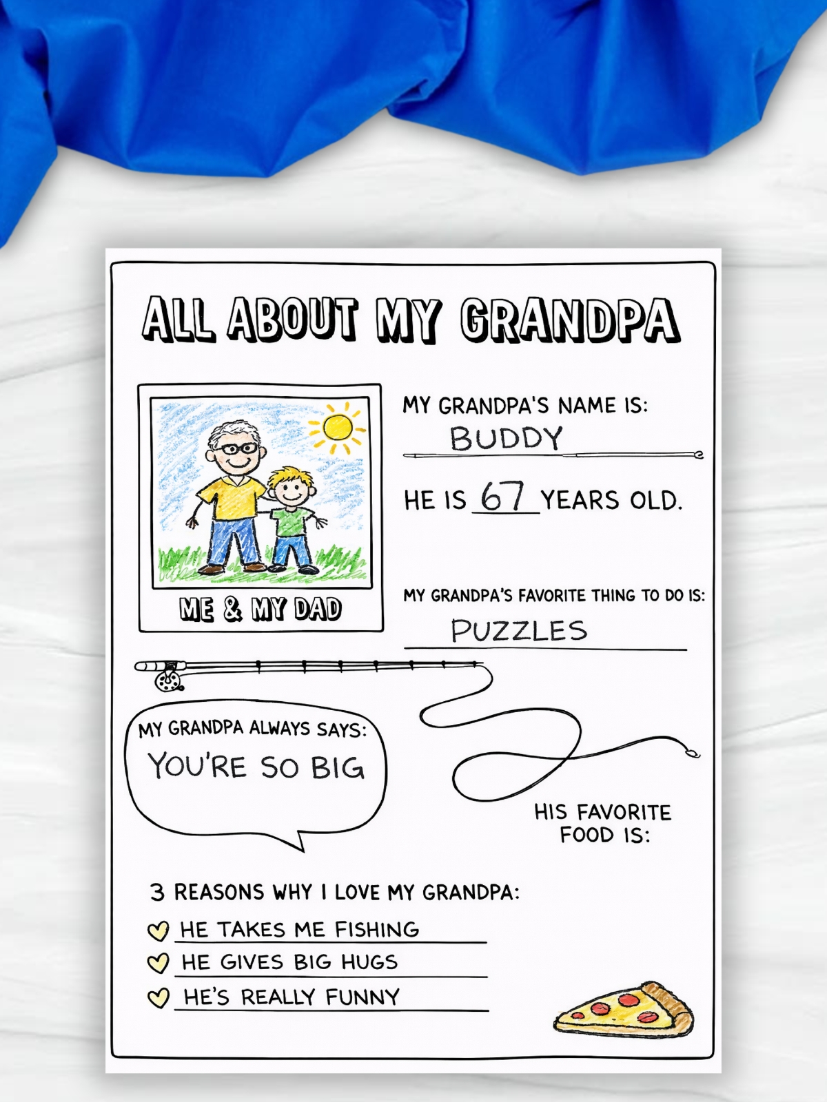 Completed “All About My Grandpa” worksheet showing a child’s drawing, filled-in details about the grandpa, and short written responses about favorite activities and reasons for love.