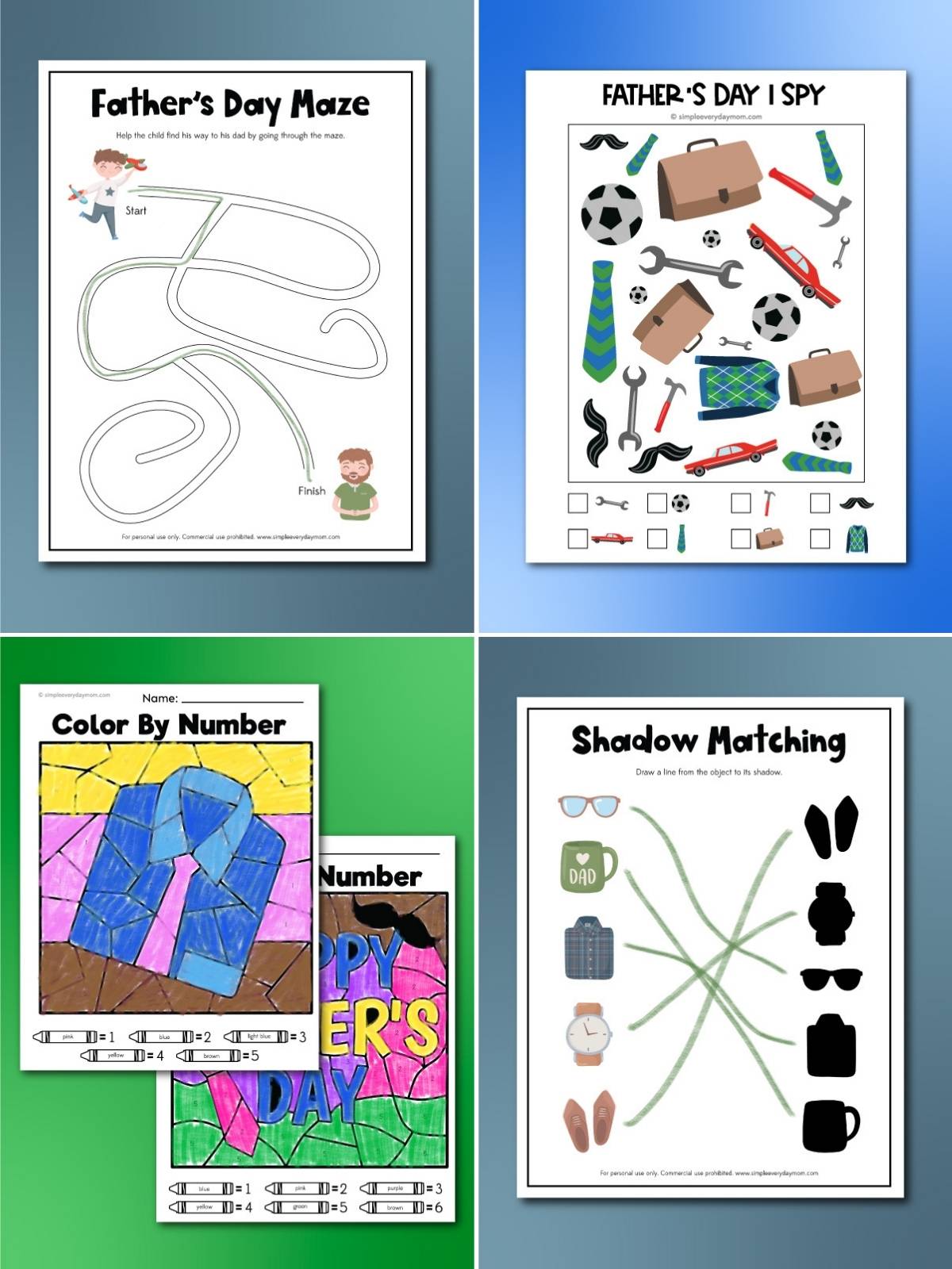 Four Father’s Day printable activity sheets including a maze, an “I Spy” game, a color-by-number page, and a shadow matching activity, each with simple illustrations and bold headings.