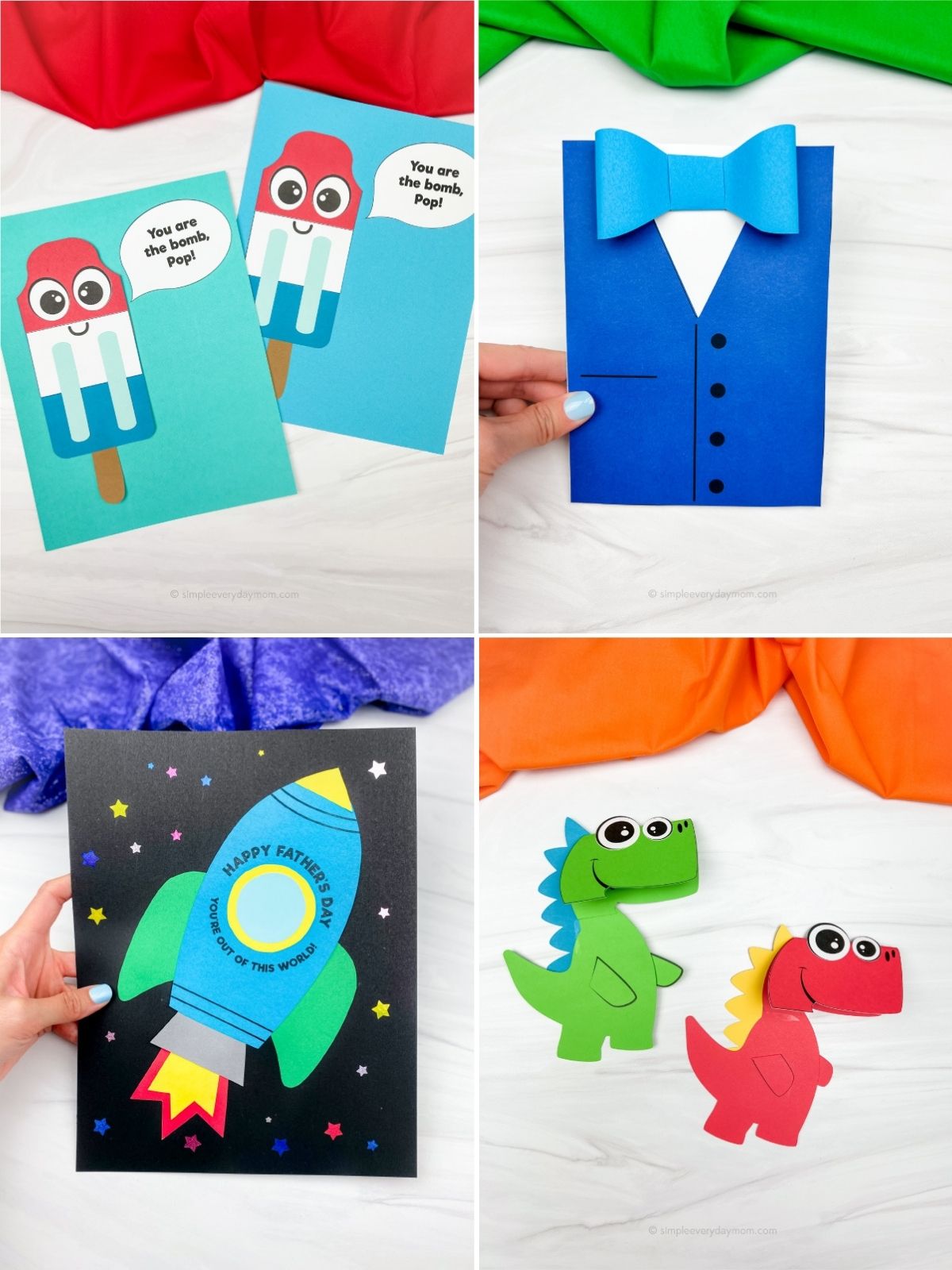 Four handmade Father’s Day cards featuring colorful paper crafts, including popsicle-themed cards with “You are the bomb, pop!”, a blue shirt with bow tie design, a rocket card, and two cartoon dinosaur cards.