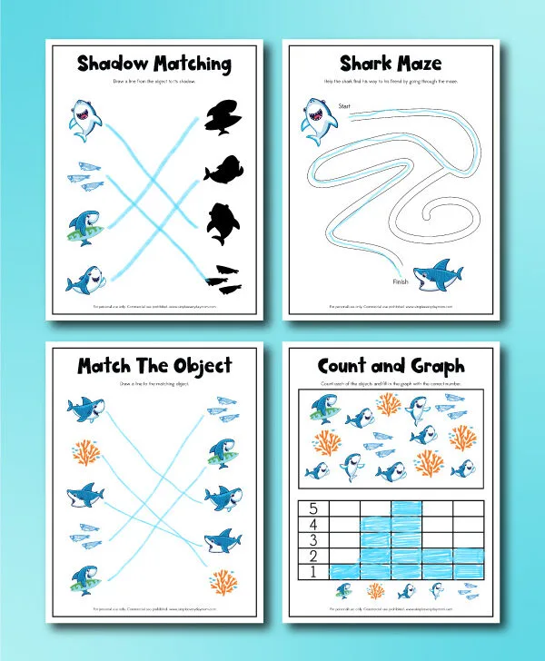 shark activity pages collage