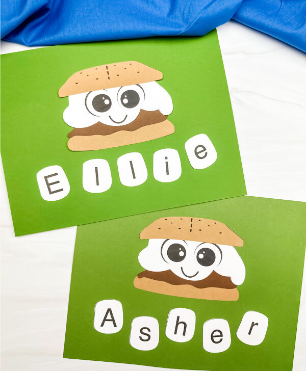 two side by side examples of smore name craft for kids