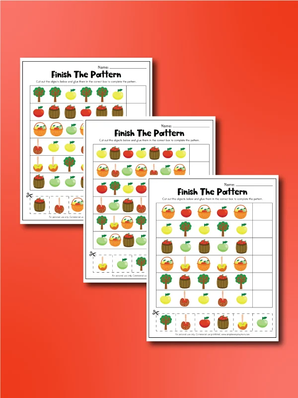 Apple pattern worksheets finish the pattern collage