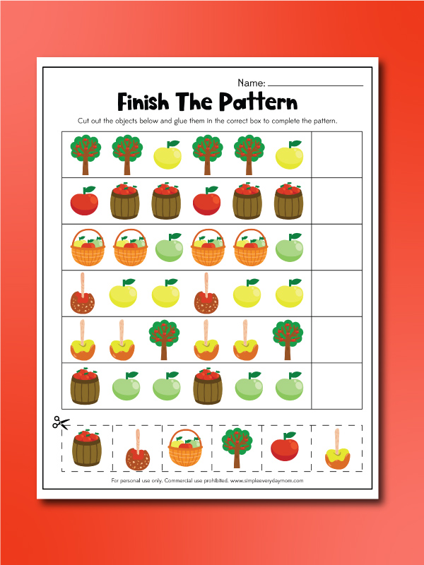 apple pattern worksheets finish the pattern