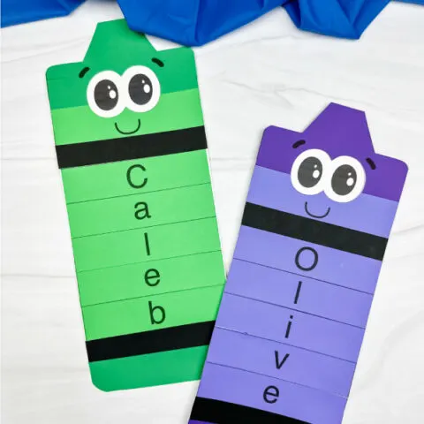 two side by side examples of finished crayon name craft