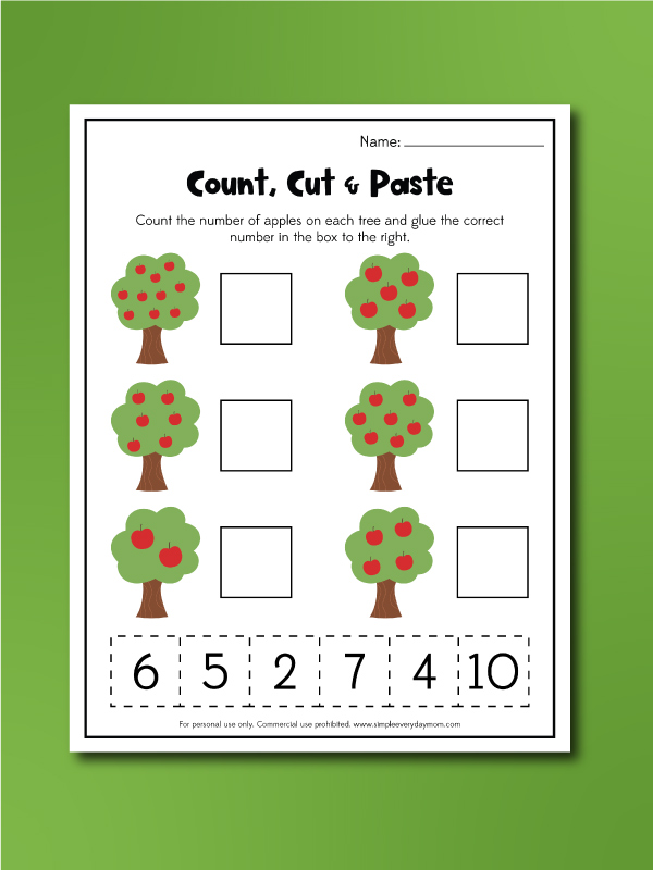 Fall counting worksheets count cut and paste