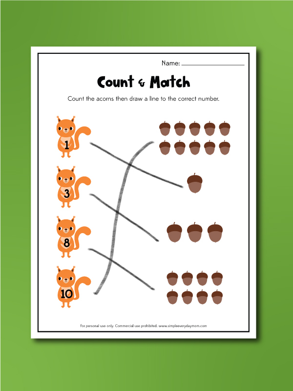 Fall counting worksheets count and match