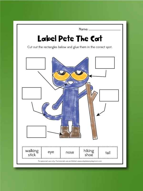 Pete the cat camping worksheet label Pete