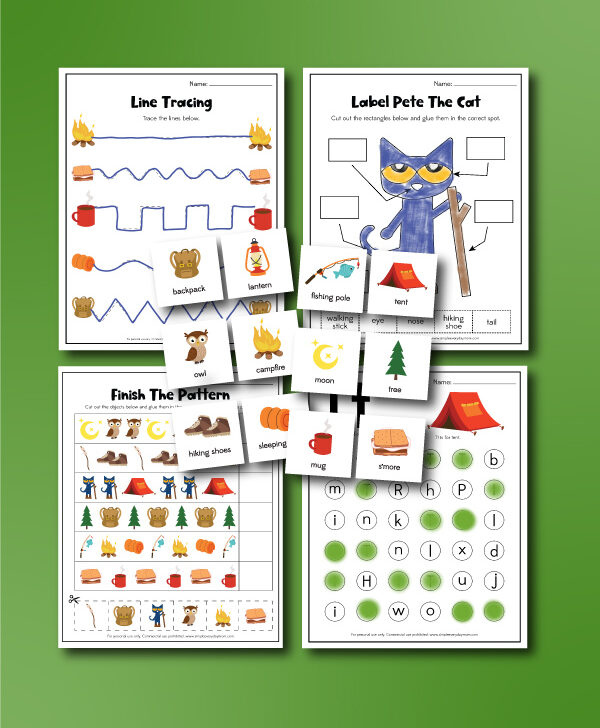 Pete the cat camping worksheets collage
