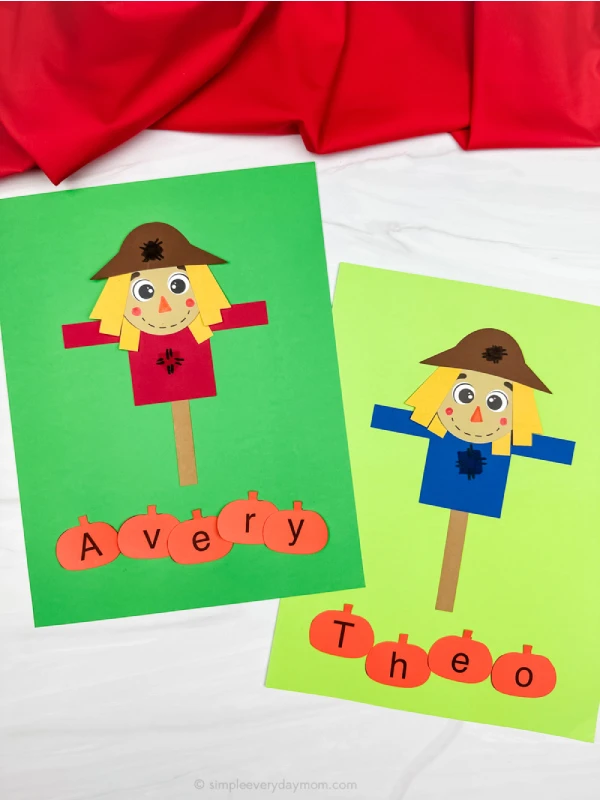 two side by side examples of scarecrow name craft