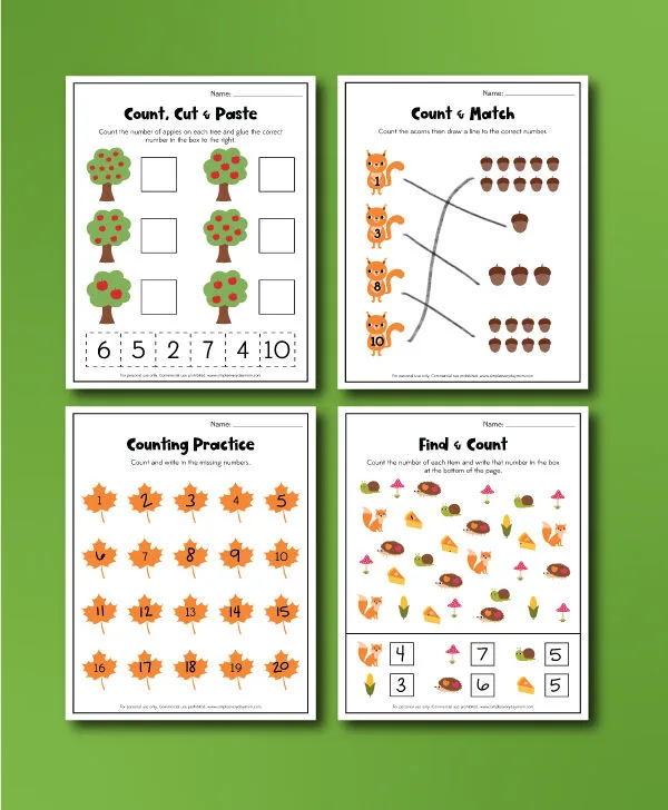 Fall counting worksheets collage