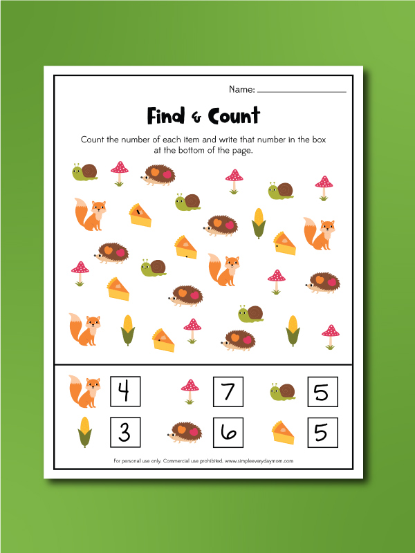 Fall counting worksheets find and count