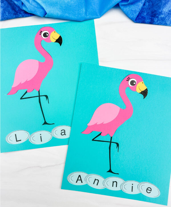 two examples of finished flamingo name craft