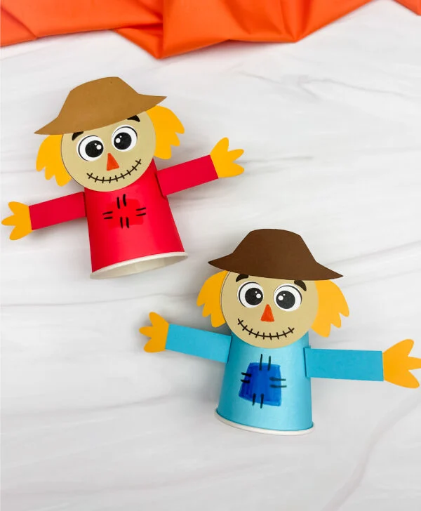 two side by side examples of scarecrow paper cup craft