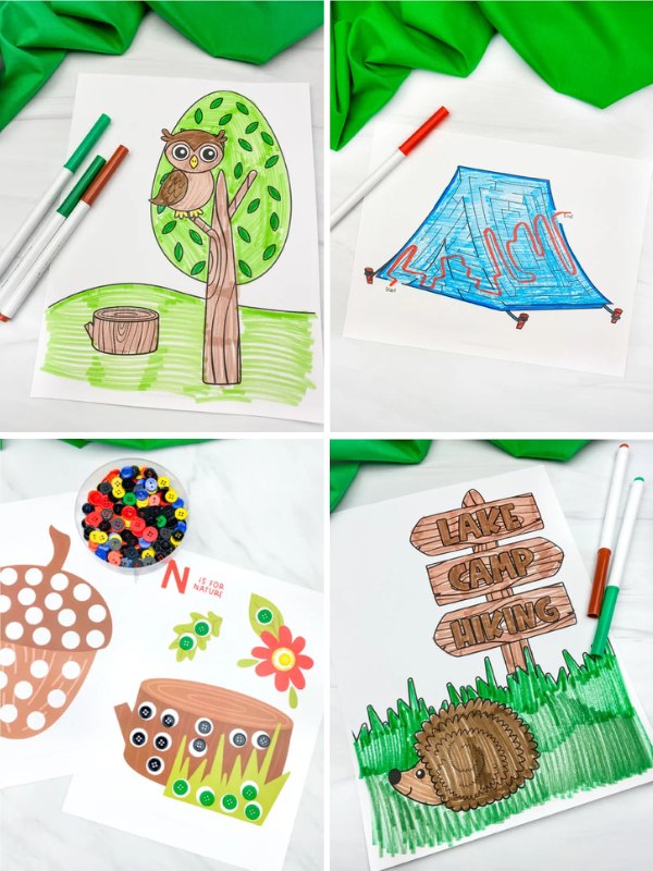 A set of four camping-themed coloring worksheets. Top left: an owl sitting on a tree branch with green grass and a tree stump at the base. Top right: a blue and red colored tent with markers beside the page. Bottom left: a nature-themed page with an acorn, tree stump, flowers, and leaves, using colored buttons for decoration. Bottom right: a scene with a wooden signpost reading "Lake Camp Hiking" and a hedgehog on green grass, with markers next to the page.