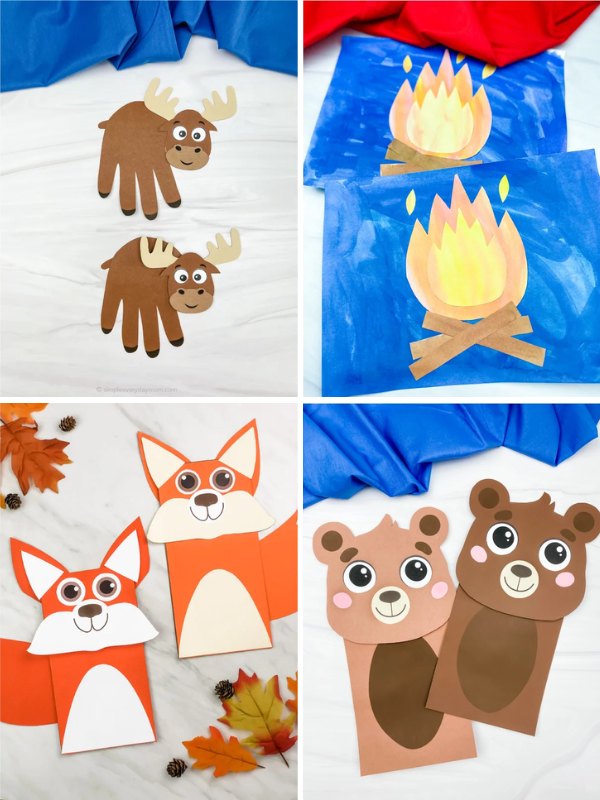 A collage of four kids’ craft projects. Top left: two moose crafts made with brown handprint cutouts as bodies and paper antlers. Top right: two watercolor paintings of campfires with yellow and orange flames and brown logs. Bottom left: two fox puppets with large white muzzles and bellies, surrounded by autumn leaves. Bottom right: two bear puppets with brown bodies and pink cheeks placed on a blue fabric background.