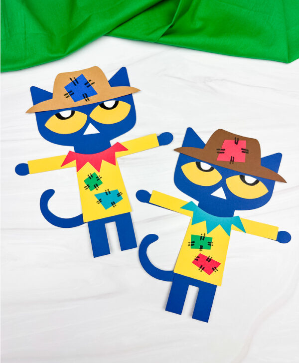 two side by side examples of Pete the cat scarecrow craft