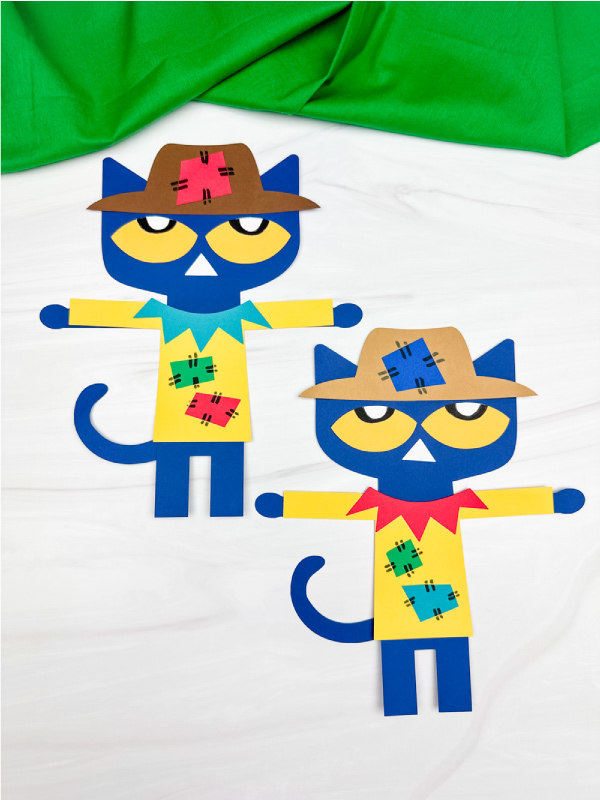 two examples of Pete the cat scarecrow craft