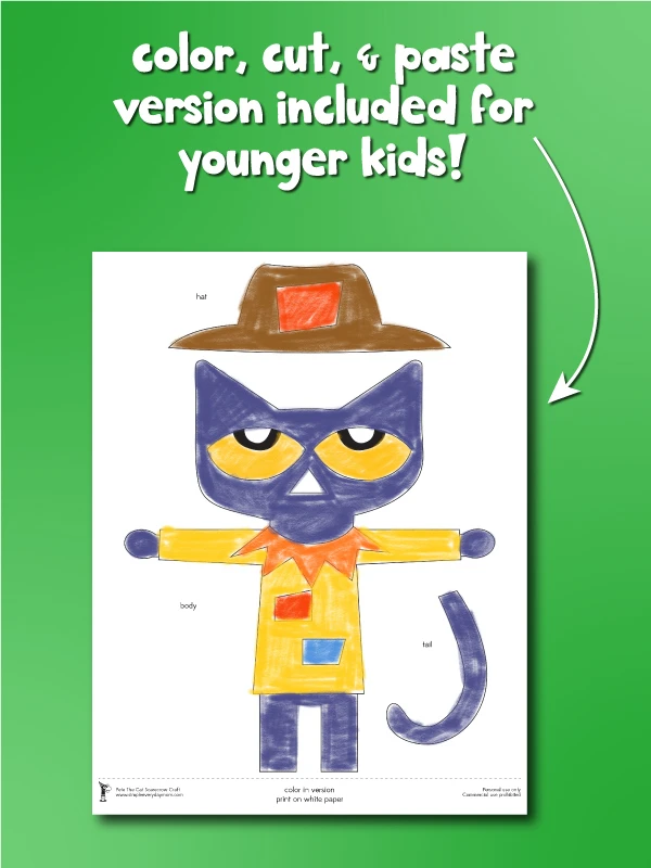 color cut and paste version of Pete the cat scarecrow craft