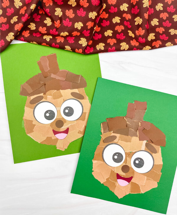 two side by side examples of finished torn paper acorn craft