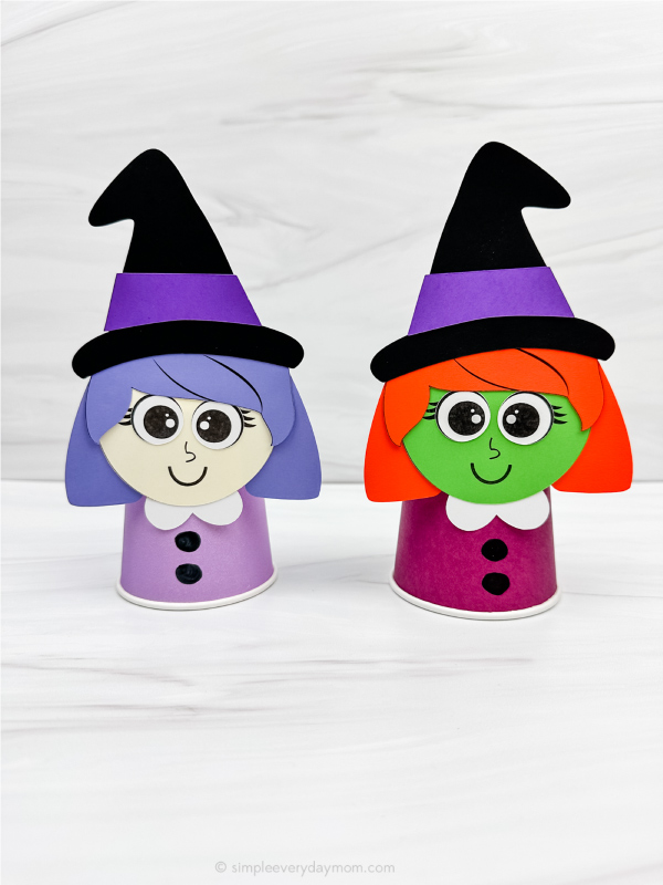 two side by side examples of witch paper cup craft