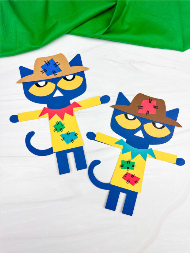 two side by side examples of Pete the cat scarecrow craft