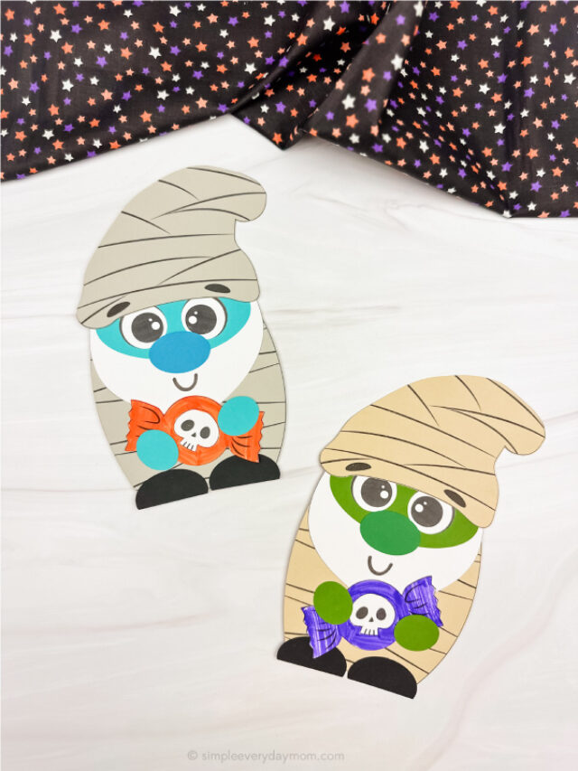 side by side example of finished mummy gnome craft