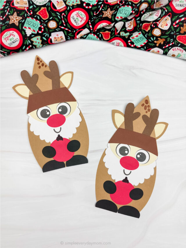two side by side examples of reindeer gnome craft