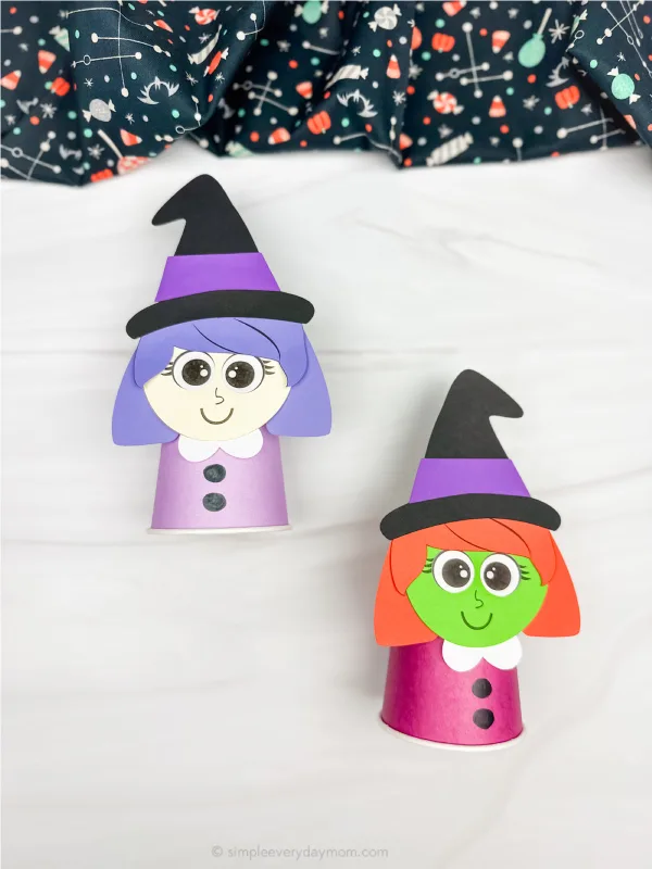 two side by side examples of witch paper cup craft