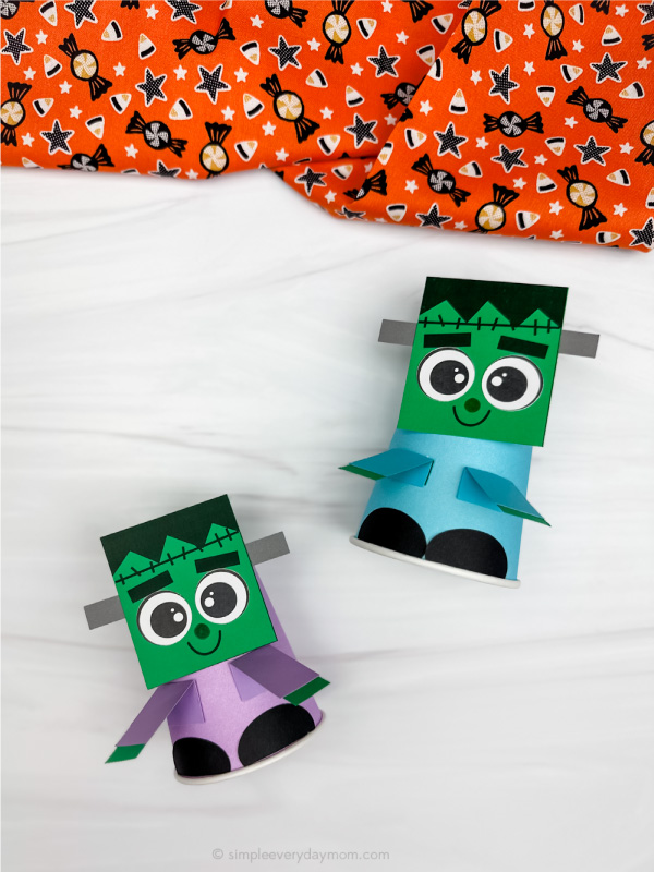two side by side examples of Frankenstein paper cup craft