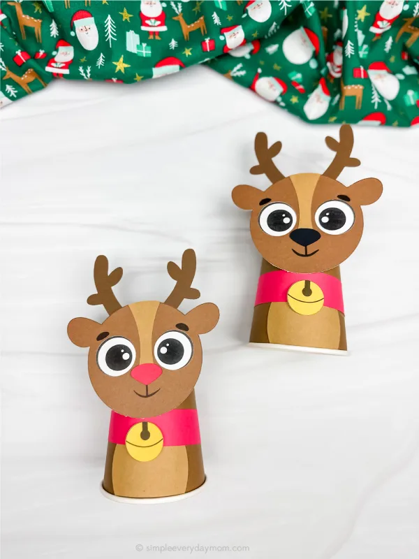 two examples of finished reindeer paper cup craft