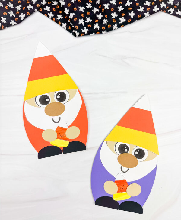 two side by side examples of candy corn gnome craft