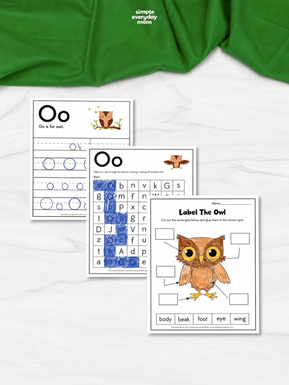 Collage of printable owl worksheets featuring letter tracing, a letter maze, and an owl labeling activity.