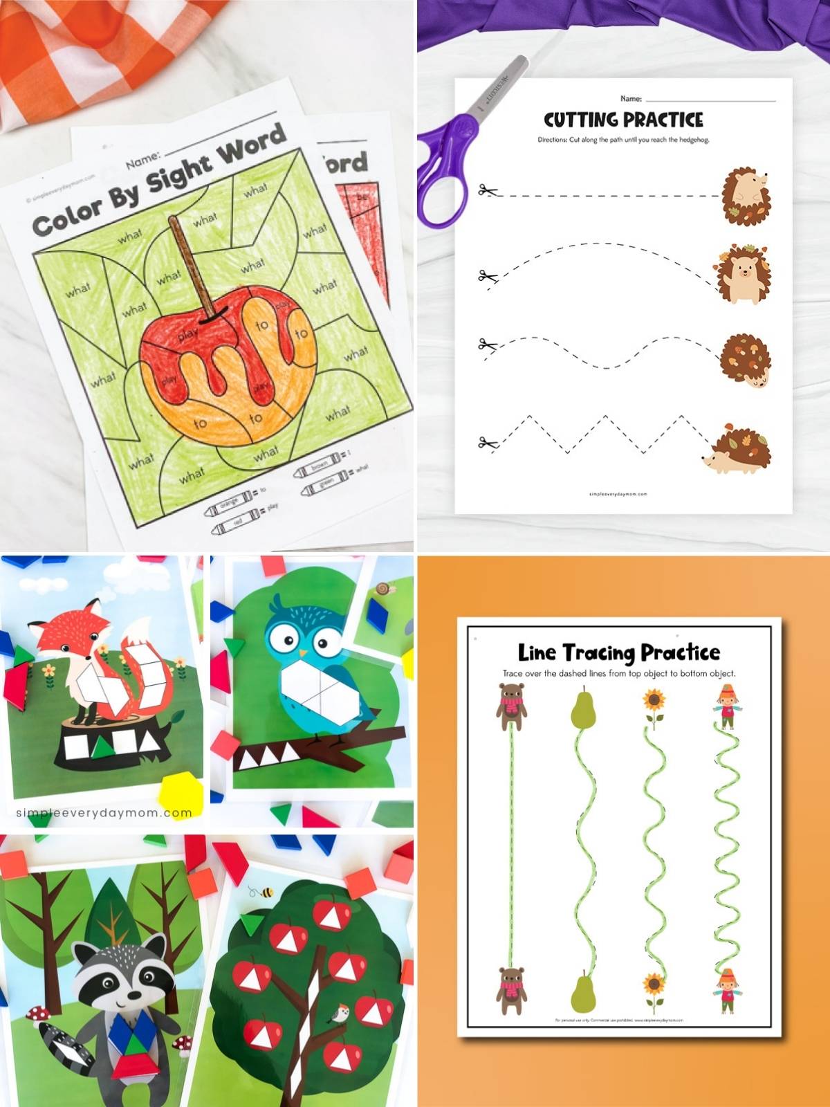 Collage of fall learning activities including a sight-word coloring page, cutting practice, shape matching cards, and line tracing.