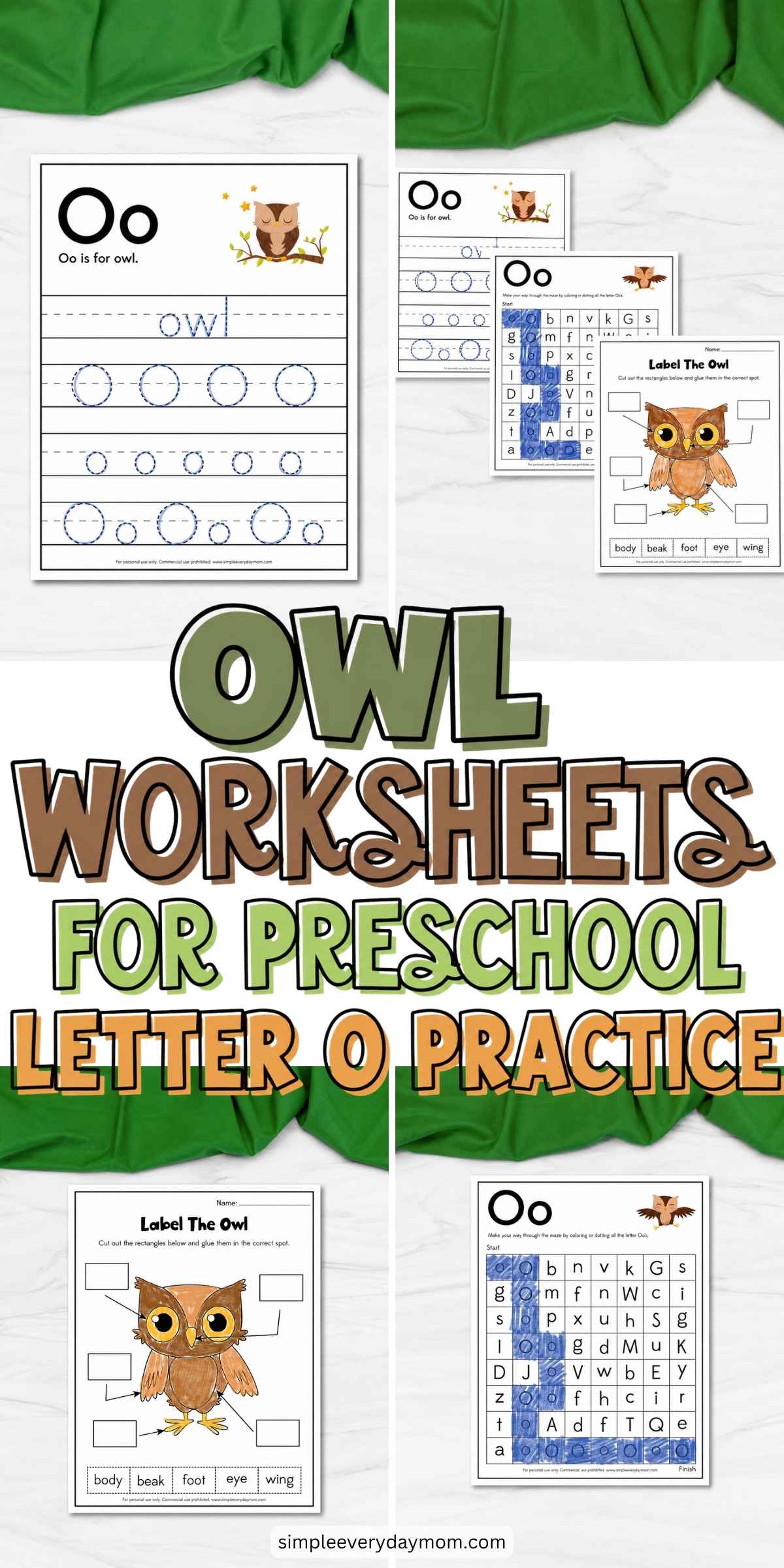 Promotional collage for owl worksheets featuring letter O tracing, owl labeling, and a letter maze for preschool practice.