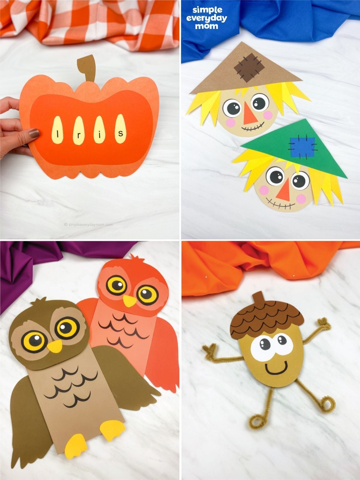 Collage of fall paper crafts featuring a pumpkin name activity, two scarecrow faces, two owls, and a smiling acorn character.