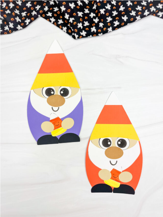 two side by side examples of candy corn gnome craft