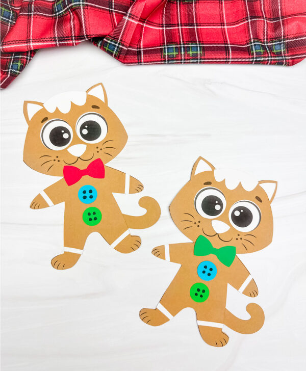 two side by side examples of Gingerbread cat craft