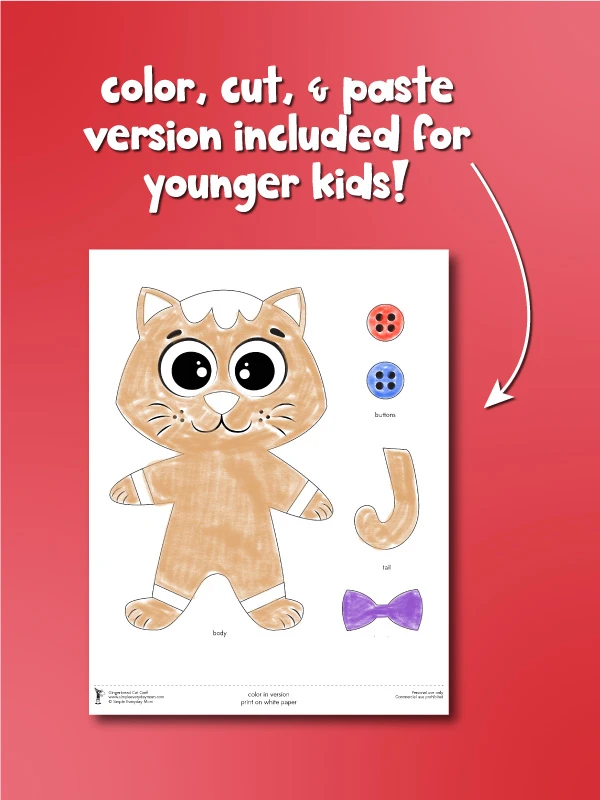 color cut and paste version of Gingerbread cat craft