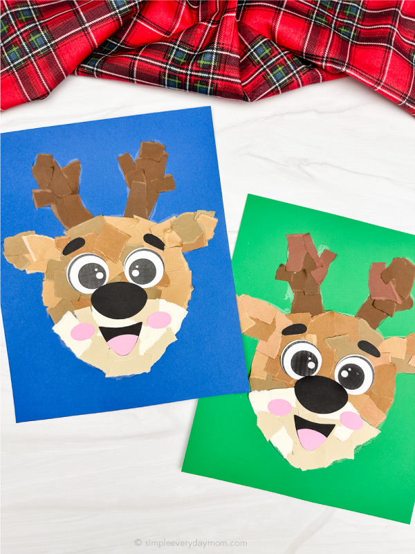 dual version of torn paper reindeer craft side by side