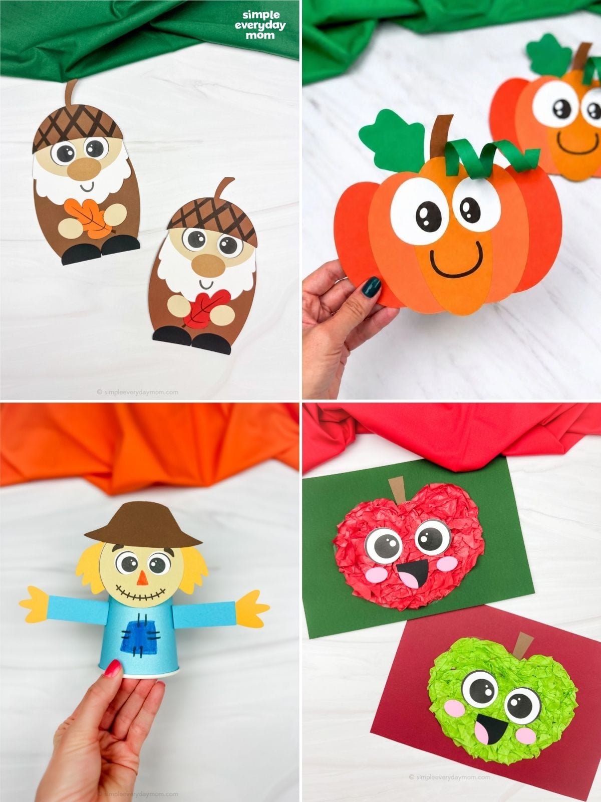 Collage of four fall crafts: acorn-capped figures holding leaves, a smiling paper pumpkin, a paper-cup scarecrow, and textured red and green apple crafts.