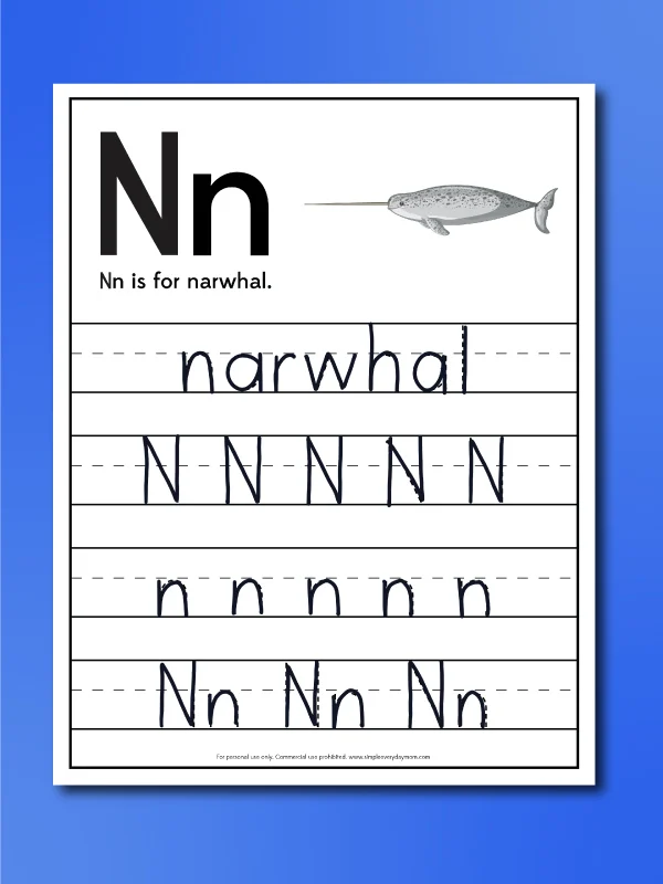 Narwhal worksheets letter N trace