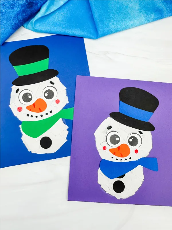 ripped paper snowman craft side by side